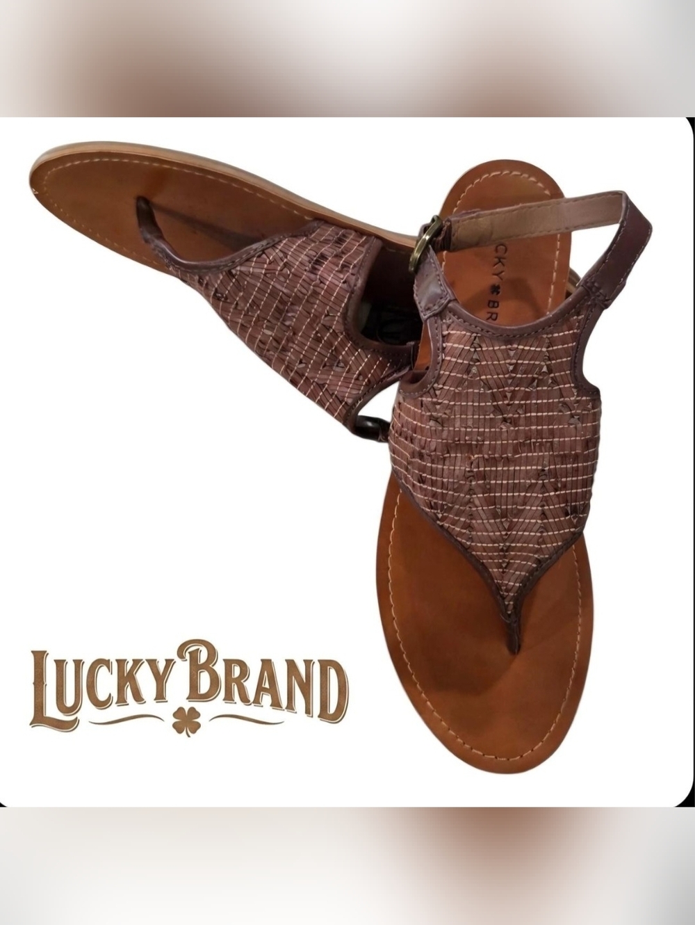 Lucky Brand Brown Woven Leather T-Strap Sandal
